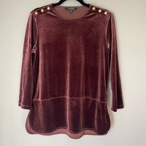 LAUREN Ralph Lauren Petite Large Velvet Tunic Blouse Brown 3/4 Sleeve Top